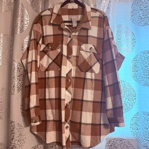 Brown, Orange, and White Plaid Long Flannel Button-Up Shirt